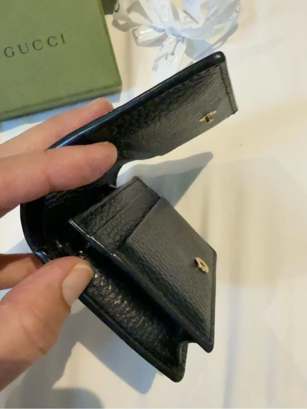 Gucci Beige GG Canvas and Black Leather Card Holder with Gold Double G